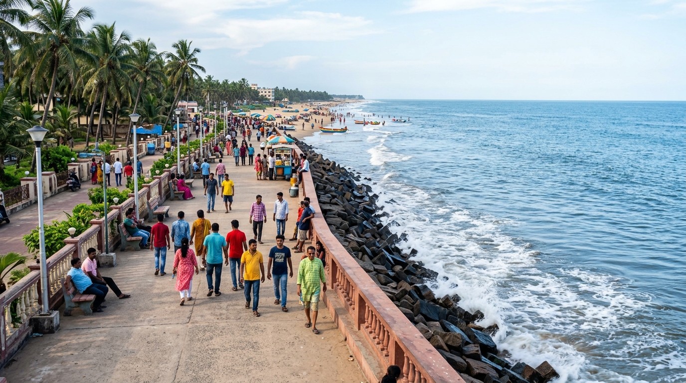 Digha Sea Beach Promenade and Wave Breakers near Mandarmani